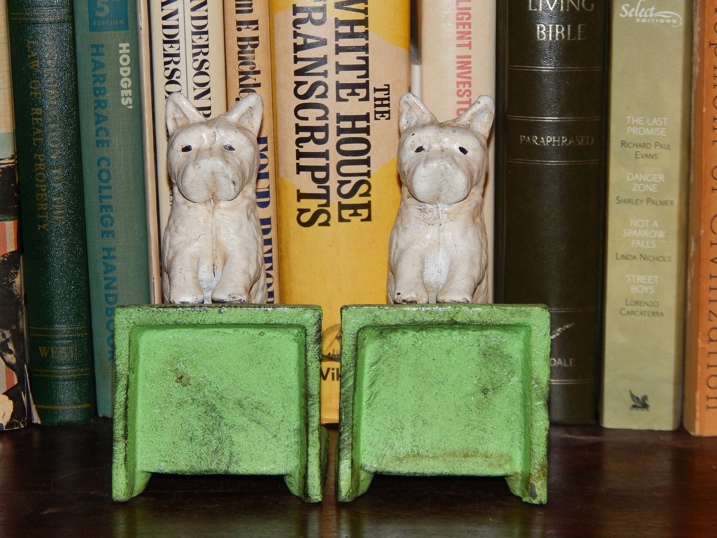 Bookends -Cast Iron Pair White Vintage Scottish Terrier