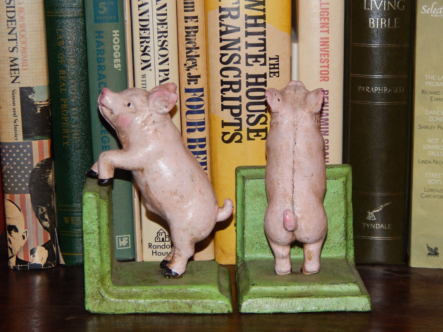 Bookends -Cast Iron Pair Vintage Style Pink Pig