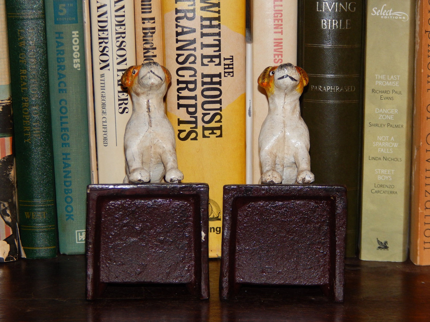 Bookends -Cast Iron Pair White Vintage Jack Russell Terrier