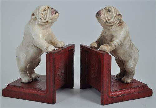Bookends - Cast Iron Pair White Vintage Bulldog