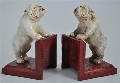 Bookends - Cast Iron Pair White Vintage Bulldog