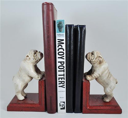 Bookends - Cast Iron Pair White Vintage Bulldog
