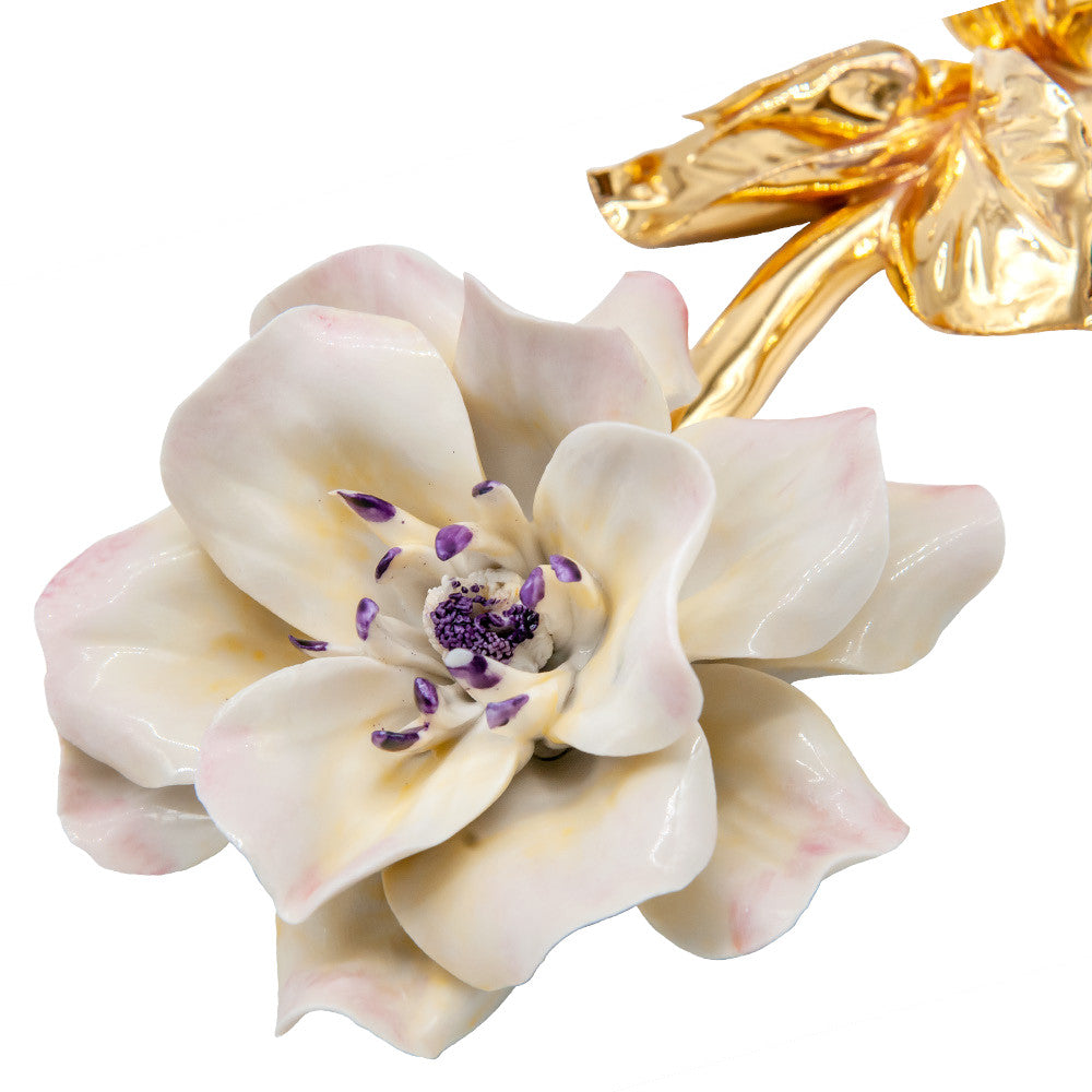 Camelia con gambo oro in porcellana di Capodimonte